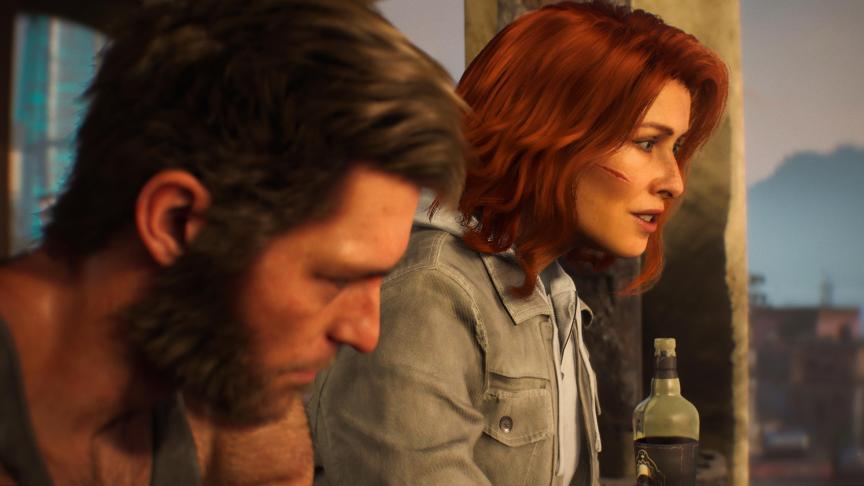 Logan and Jean, who has a scratch on her cheek and is holding a bottle of liquor