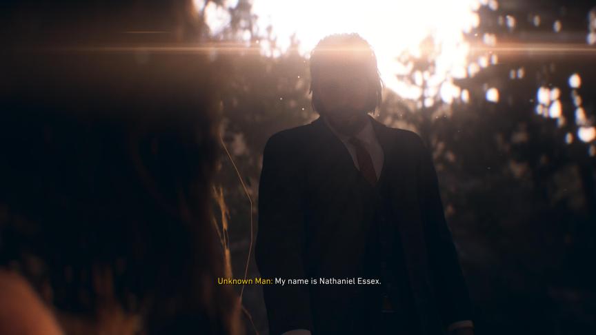 silhouette of a man in a suit and tie; text: Unknown Man: My name is Nathaniel Essex.