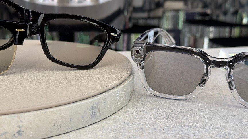 Two pairs of Meta glasses, one with cameras on them, one without.