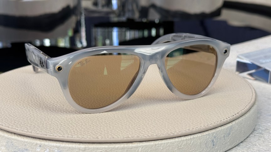 Smoky white Meta Ray-Ban sunglasses on display in an aviator style