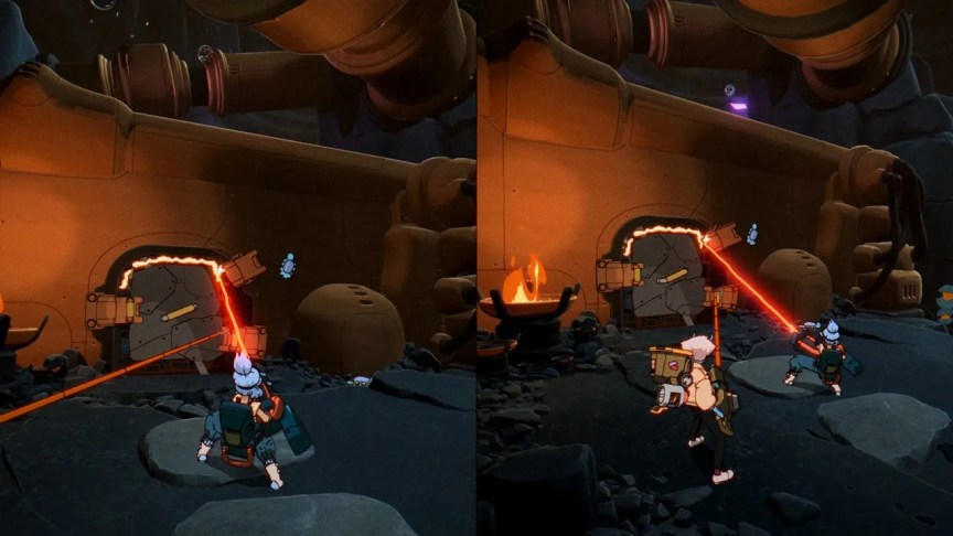 Maki, pictured left, uses a laser to cut through a welded door. Omura, pictured right, helps her by releasing clamps along its outline.