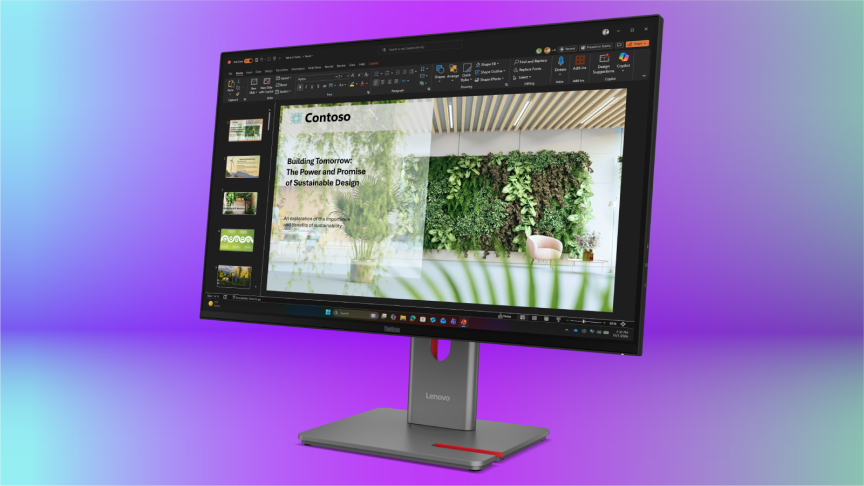 The IJP OLED ThinkVision faces forward on a left angle. It's shown off against a purple CNET background.