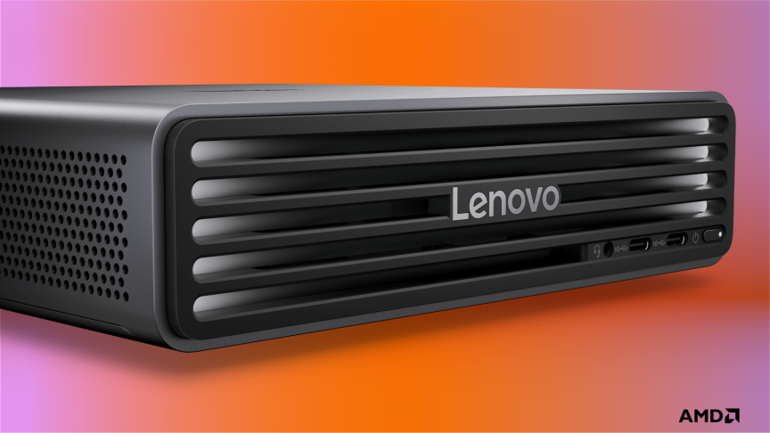 The Lenovo ThinkCentre X Ultra faces forward on an angle, laid on a red CNET background.
