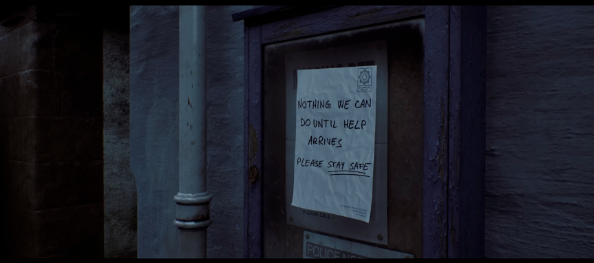 A screenshot from a video game showing a hand drawn sign.