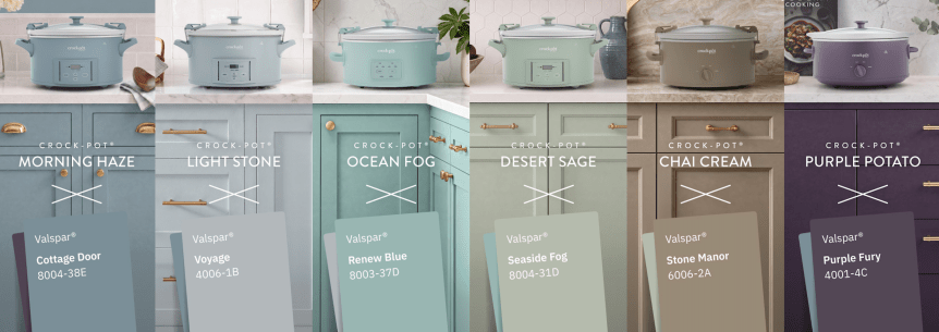 six crock pots and paint swatches
