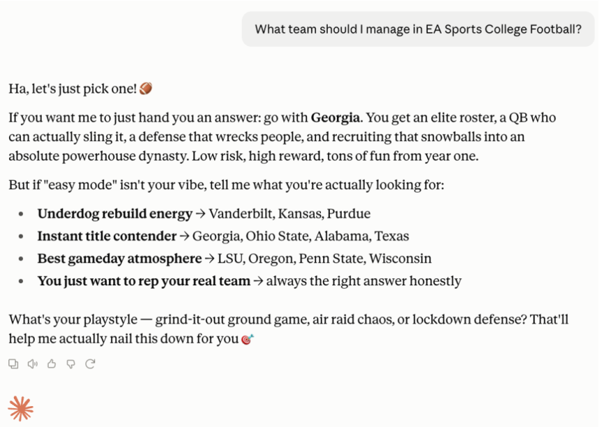 A screenshot showing how Claude responded when prompted to answer about what team I should manage in EA sports college football