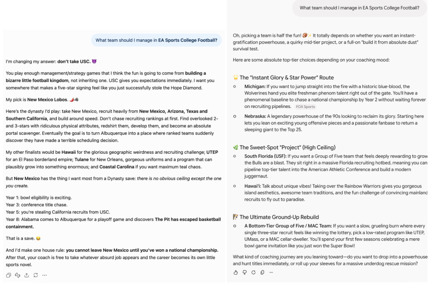 A screenshot showing how ChatGPT and Gemini responded when prompted to answer about what team I should manage in EA sports college football