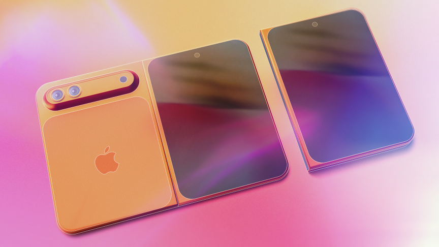 render of rumored iPhone Fold on a ping and yellow background