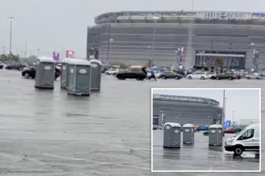 Wind-propelled portable toilets make a run for it at MetLife Stadium