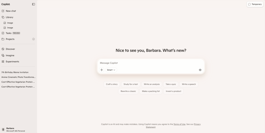 A screenshot of the Microsoft Copilot home page