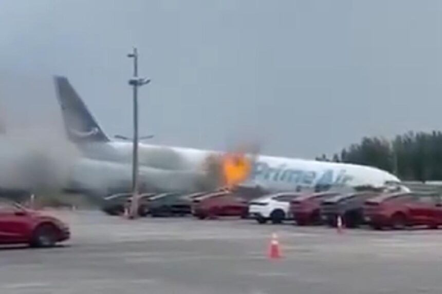 Flames shoot from Amazon cargo plane in dramatic video — as witnesses feared an explosion