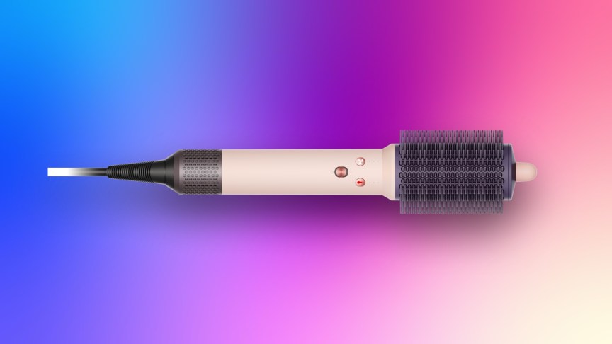 The pink Dyson Airsmooth dryer brush over a blue, purple and pink gradient background.