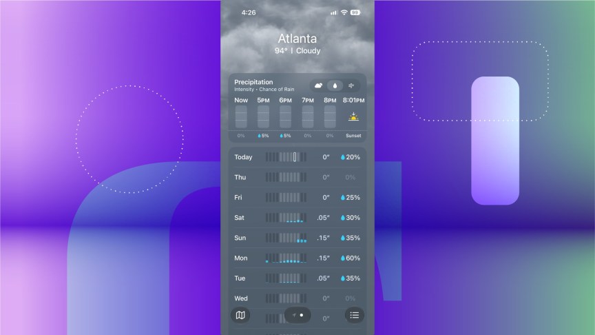 The Weather app showing precipitation chance for Atlanta.
