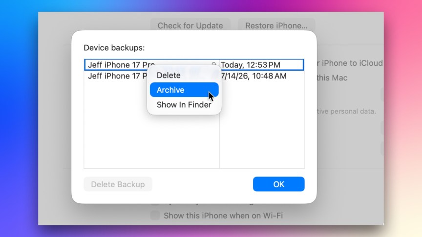 Screenshot of a MacOS window showing a popup for the Archive option on an iPhone backup.