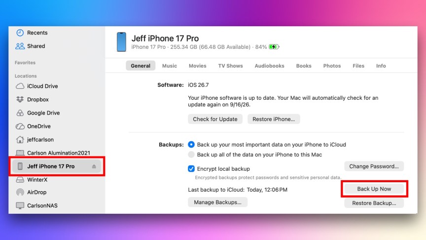 Screenshot of a Finder window in MacOS showing a connected iPhone. The phone's name and the Back Up Now button are both highlighted with red callouts.