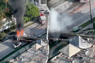 Construction rig collapses on 3 cars in Miami, traps workers as fire erupts
