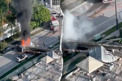 Construction rig collapses on 3 cars in Miami, traps workers as fire erupts
