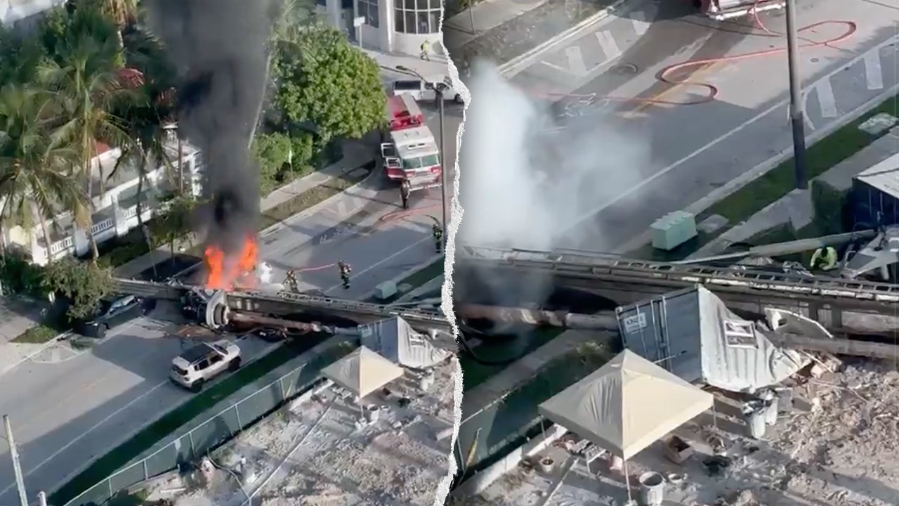 Construction rig collapses on 3 cars in Miami, traps workers as fire erupts