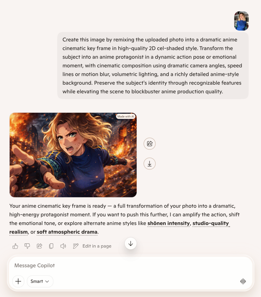 A screenshot of a prompt and response where Microsoft Copilot took my picture and gave it an anime keyframe edit