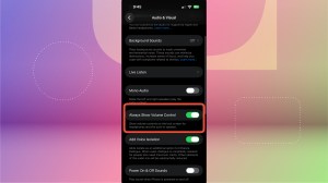 The Always Show Volume Control toggle highlighted in Settings.